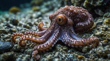 An octopus resting on a rocky seabed, showcasing its vibrant colors and unique textures. photo