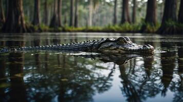A crocodile swims in a serene swamp, surrounded by cypress trees and reflections in water. photo