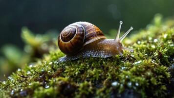A close-up of a snail on moss, showcasing its shell and environment. photo