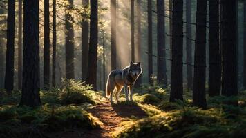 A lone wolf stands in a sunlit forest, surrounded by trees and ferns. photo