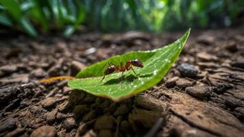 An ant resting on a green leaf amidst a textured soil background in a natural setting. photo