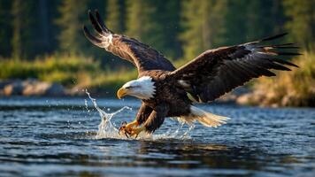 A bald eagle catching fish in a river, showcasing its hunting prowess in a natural setting. photo