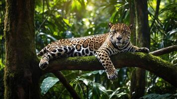 A jaguar resting on a tree branch in a lush rainforest setting. photo