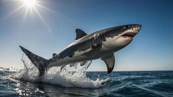 A great white shark breaches the ocean's surface, creating a dramatic splash against a clear sky. photo