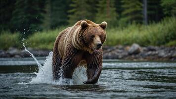 A grizzly bear wades through water, creating splashes amidst a forested backdrop. photo