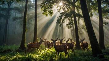 A serene forest scene with deer illuminated by sunlight filtering through trees. photo