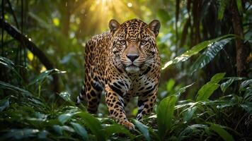 A jaguar prowls through a lush jungle, illuminated by soft sunlight filtering through foliage. photo