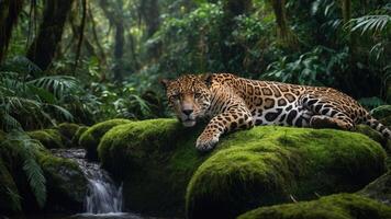 A jaguar rests on a moss-covered rock beside a stream in a lush, green rainforest. photo