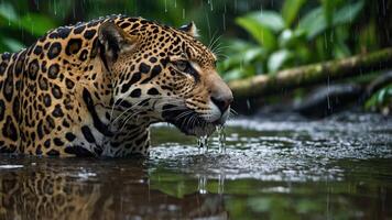 A jaguar in a rainforest, partially submerged in water, with raindrops falling around it. photo