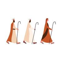 Three shepherds walking to Bethlehem, cartoon flat illustration isolated on white background. Christmas nativity scene design element. Christianity concept. vector
