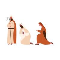 Three shepherds kneeling, cartoon flat illustration isolated on white background. Christmas nativity scene design element. Christianity concept. vector