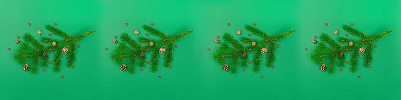 A few Tree branches with cones and mountain ash. New Year and Christmas content green background long banner ornament pattern photo