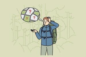 Man gets lost in forest and stands among trees, remembering route to house or highway vector