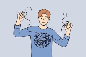 Man confused in himself and in feelings, shows lump of threads in chest and needs help vector