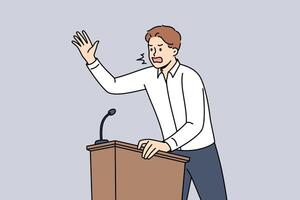 Fiery politician shouts into microphone, standing behind podium and expressing far-right ideas vector