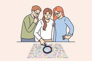 People look at museum exhibition with collection of small elements using magnifying glass vector