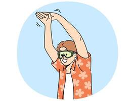 Man tourist stands in pose of swimmer wanting to dive into pool or sea during summer vacation vector