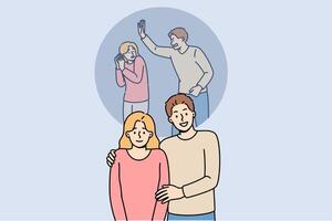 Problem of domestic violence is hidden by man aggressor and woman victim smiling in public vector