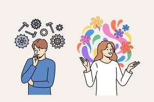 Pragmatic and creative thinking between two people using different ways of solving problems vector