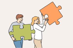 Couple of man and woman are working on building relationships, holding puzzle pieces in hands vector