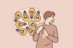 Talented man with lot of ideas in imaginary bag goes to investors for investment for startup vector