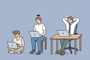 Evolution of man office clerk using laptop, gradually turning into successful manager vector