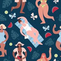 Summer beach party. Different people in swimsuits have fun. Seamless pattern for any design. vector