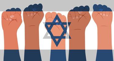 Hands clenched into fists against the background of the Israeli flag vector