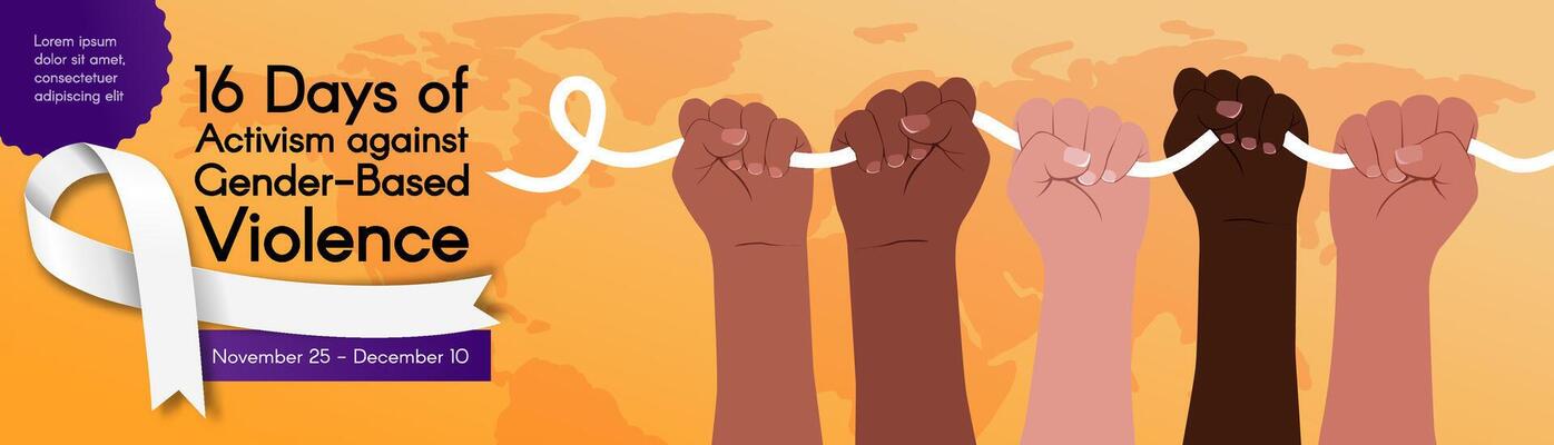 Long horizontal Banner for 16 Days of Activism against Gender-Based Violence. Diverse hands hold a white ribbon. Modern flat illustration