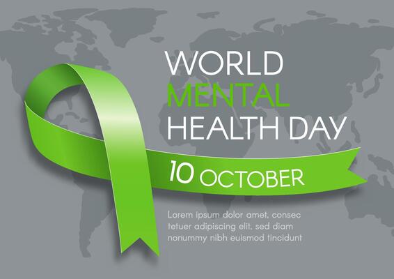 Mental Health Day. Horizontal banner with green ribbon and text. flat illustration.