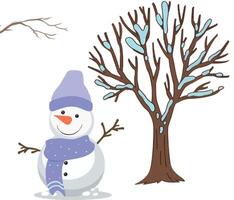 a snowman and tree in winter vector