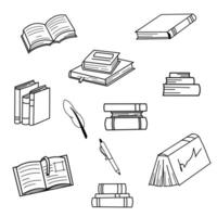 Stacks of books to read, piles of textbooks to study. A set of literature, dictionaries, encyclopedias, planners with bookmarks. Black and white flat illustration isolated on white background. vector
