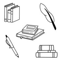 Stacks of books to read, piles of textbooks to study. A set of literature, encyclopedias, planners with bookmarks, pen, feather. Black and white flat illustration isolated on white background. vector
