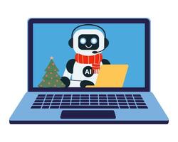 Cute chat bot robot with yellow laptop with a Christmas tree and a red scarf on on the monitor screen vector