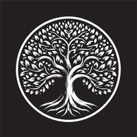A white tree with leaves in a circle on a black background vector