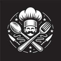 Chef hat with mustache and fork and knife illustration vector