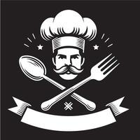 Chef with mustache and fork on black background vector