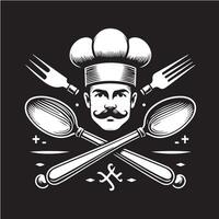 Chef with mustache and fork on black background vector