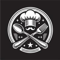 Chef hat with fork and spoon on black background vector