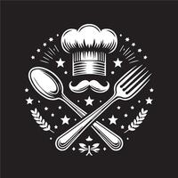 Chef hat, spoon, fork and stars on black background vector