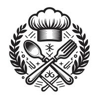 Chef hat, spoon, fork and laurel wreath emblem for restaurant, cafe, bar vector