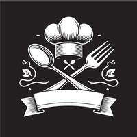 Chef hat and spoon with ribbon on black background vector