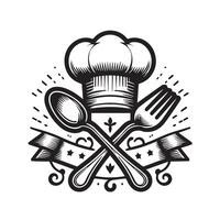Chef hat and spoon with ribbon and ribbon in black and white vector