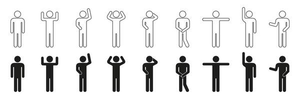 Man Figure Line and Silhouette Icon Set in Various Poses. Stick Figure with Different Gesture and Pose Collection. Editable Stroke. Isolated Illustration vector