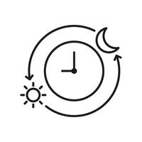 Clock With Day And Night Cycle Line Icon. Circadian Rhythm With Sun And Moon Outline Symbol. Day And Night Transition. Editable Stroke. Isolated Illustration vector