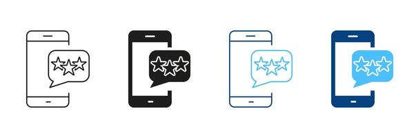 Feedback On Mobile Phone Line and Silhouette Icon Set. Social Media App Rating Pictogram. Stars On Smartphone With Speech Bubble Symbol. Editable Stroke. Isolated Illustration vector