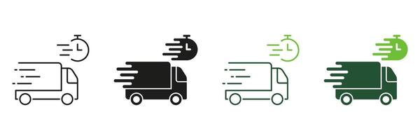 Delivery Time Line and Silhouette Icon Set. Fast Shipping Service Pictogram. Express Shipment Symbol. Speed Truck with Clock, Quick Transportation Sign. Editable Stroke. Isolated Illustration vector
