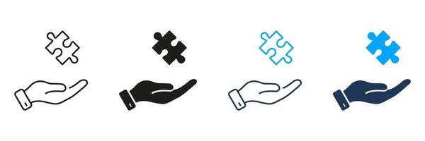 Puzzle and Human Hand Line and Silhouette Icon Set. Solution, Idea, Strategy, Problem Solving Sign. Editable Stroke. Isolated Illustration vector