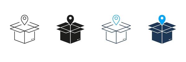 Order Location Line and Silhouette Icon Set. Pointer with Box, Shipping Sign. Pick Up Package Icon. Delivery Service Pictogram. Receive Parcel Place. Editable Stroke. Isolated Illustration vector
