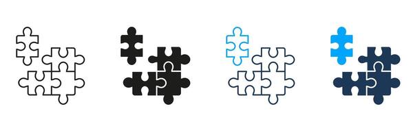 Puzzle Pieces, Teamwork, Logic Game, Idea Line and Silhouette Icon Set. Jigsaw Square Matches Pictogram. Solution, Combination, Challenge Sign. Editable Stroke. Isolated Illustration vector
